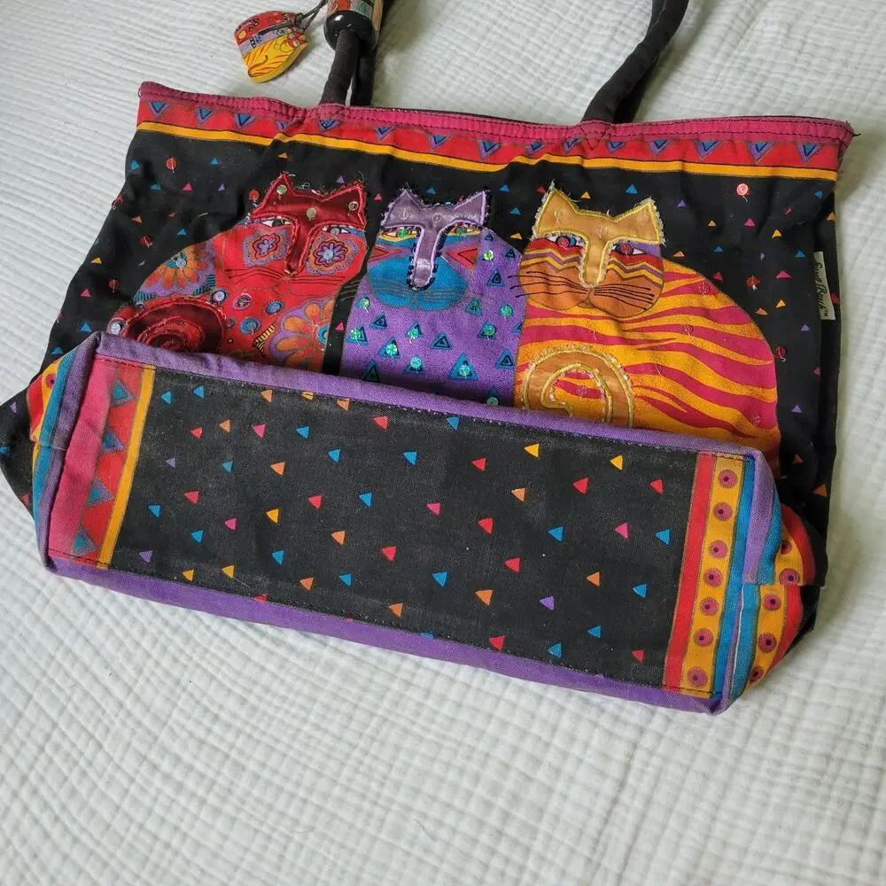 Vintage Y2K Laurel Burch Tote Bag Cats Bright Sequins Beaded 90s Artsy Colorful
